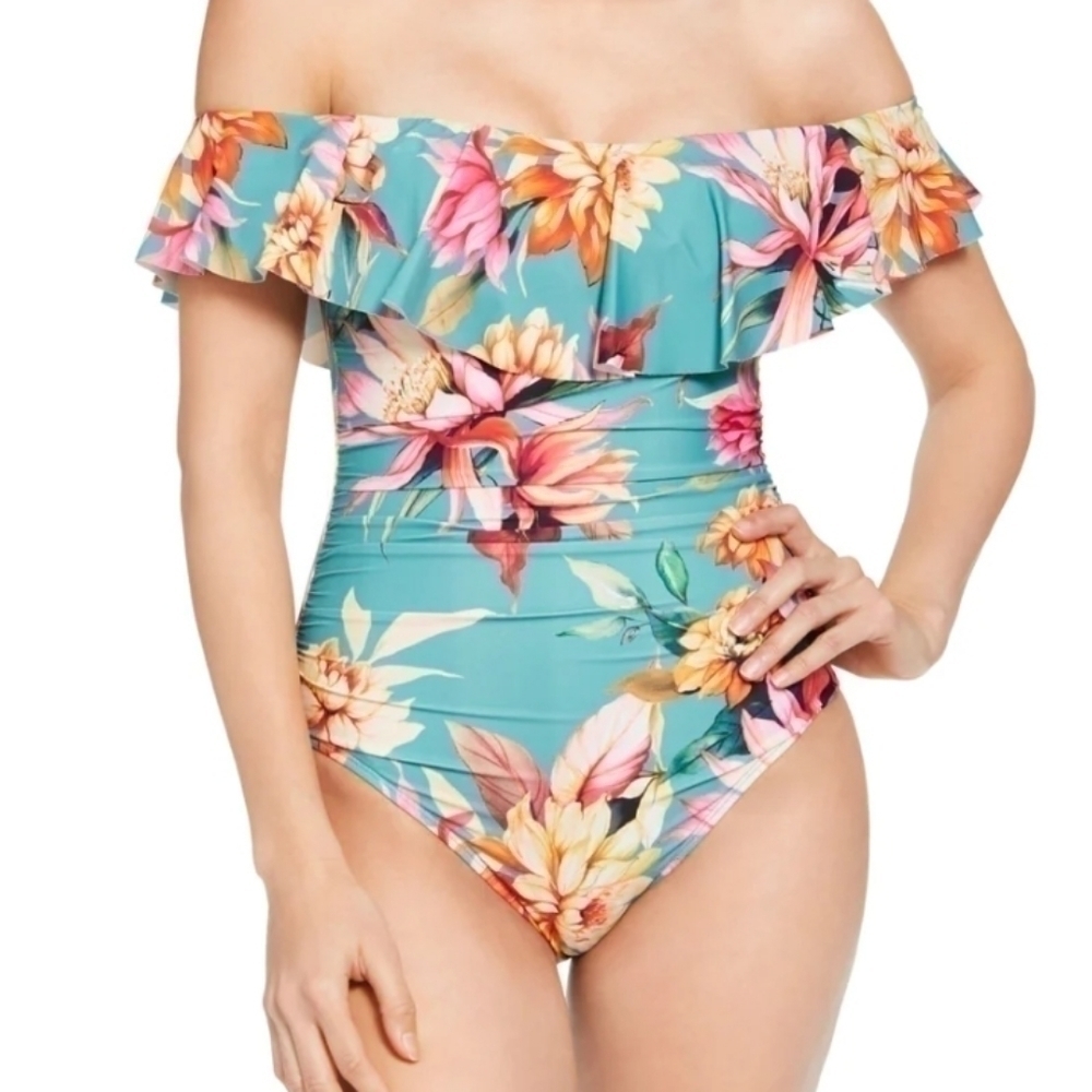 La Blanca‎ Women's Swimwear Size 4 One Piece Ruffle Floral-Print Blue